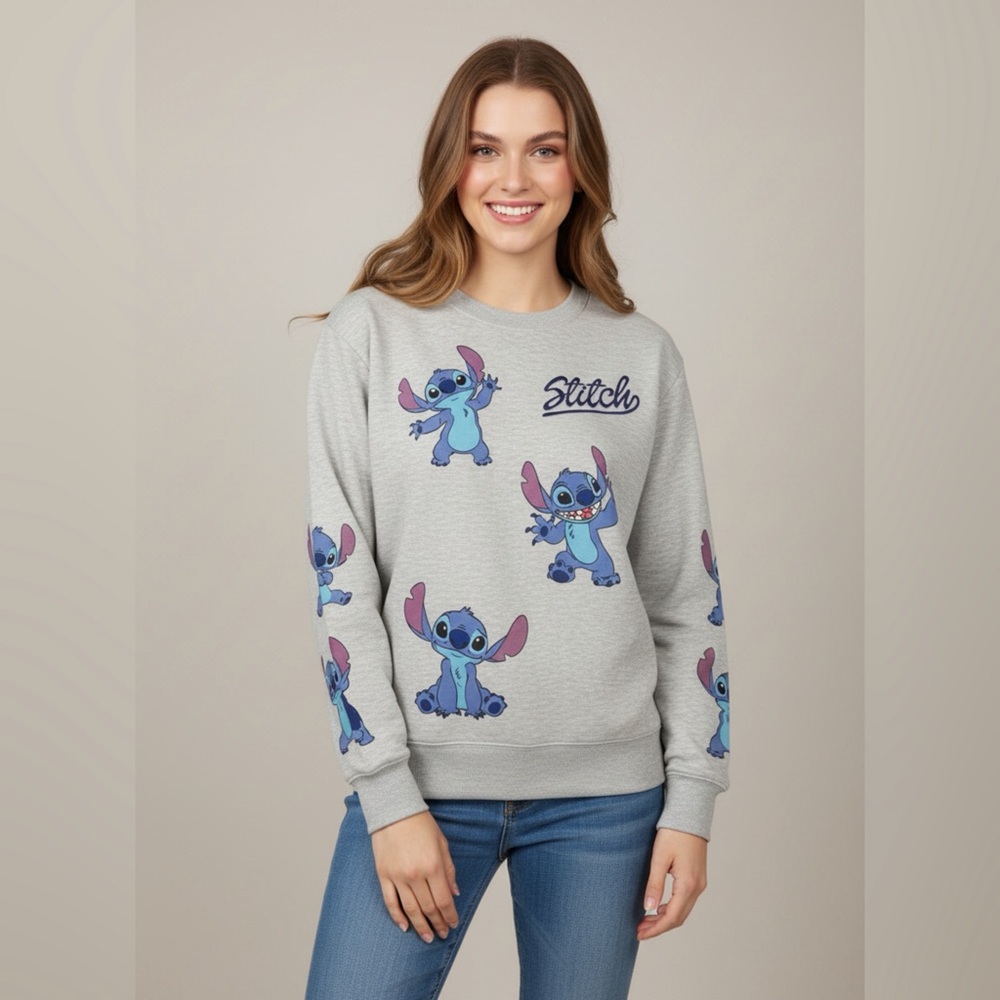 Disney Lilo & Stitch Gray Fleece Lined Stitch Sweatshirt Womens M New Crew Neck